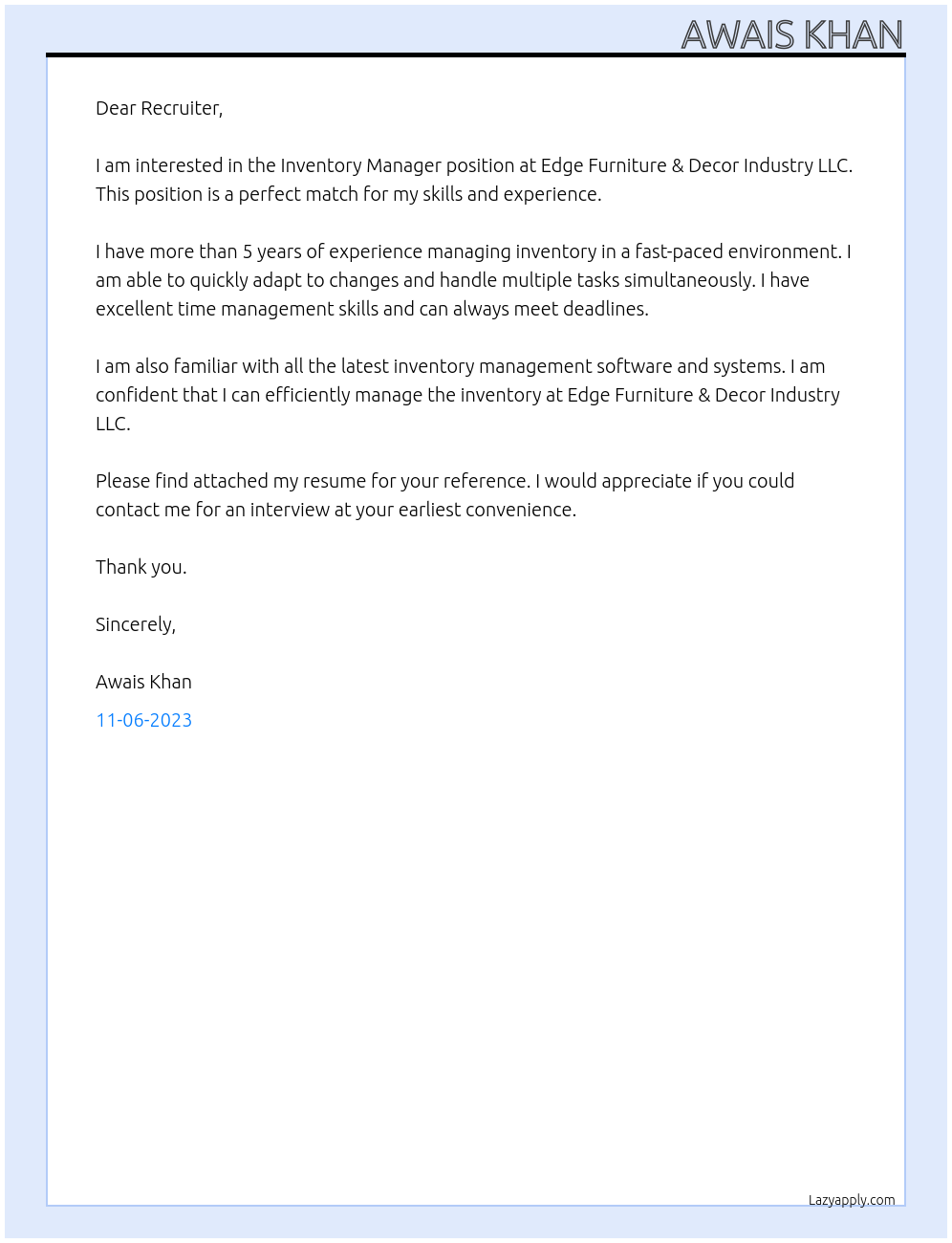 Inventory Manager At Edge Furniture & Decor Industry LLC Cover Letter