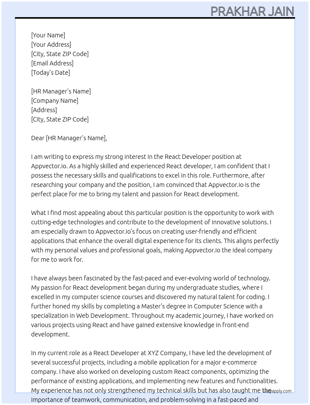 React developer At Appvector.io Cover Letter