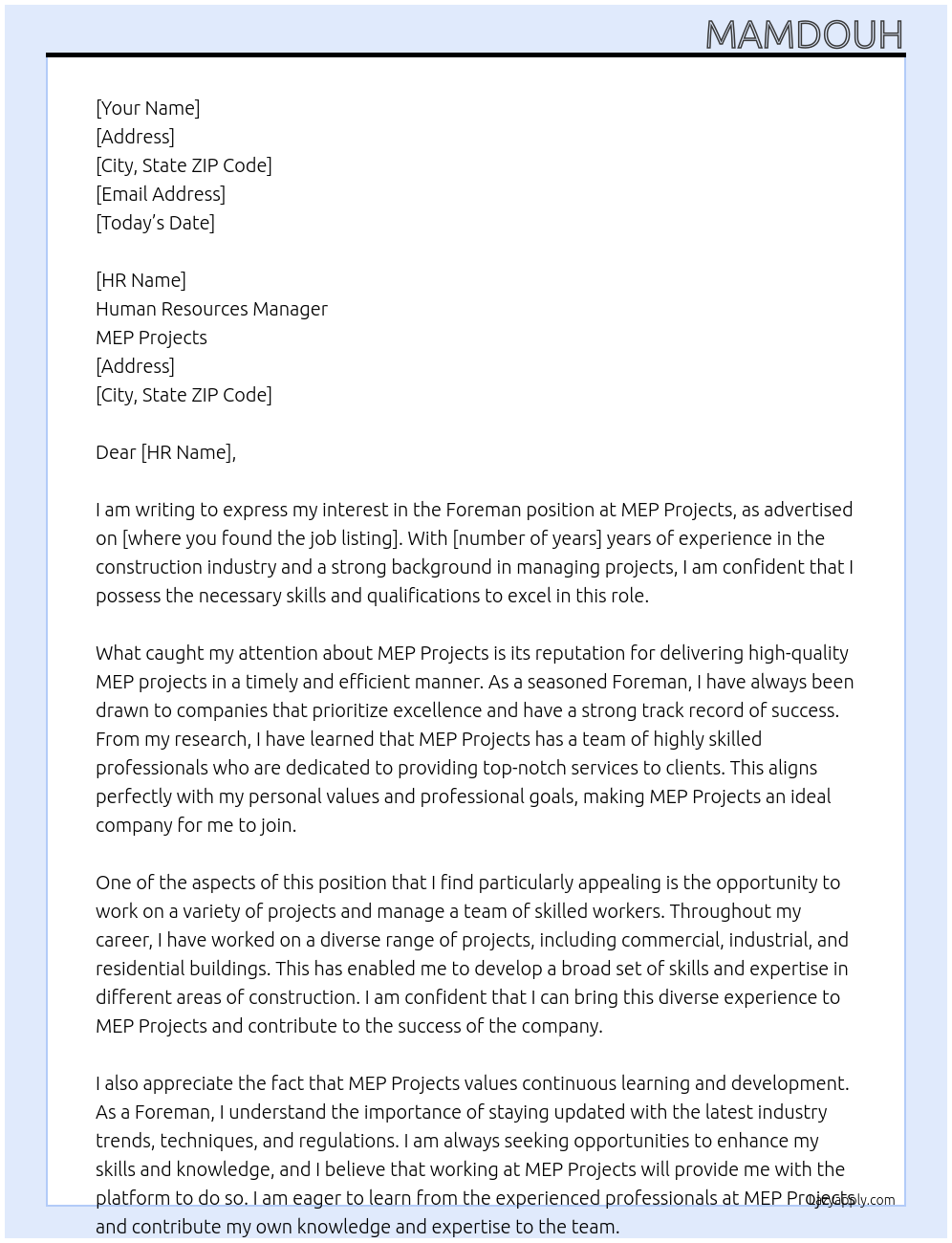 Foreman At  MEP projects Cover Letter