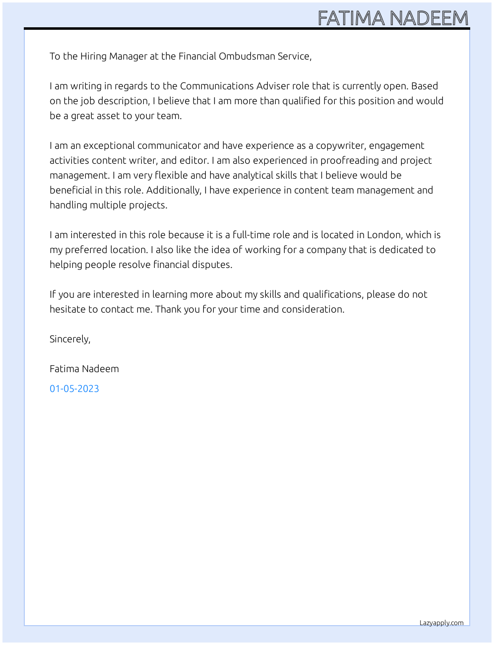 Communications Adviser At Financial Ombudsman Service. Cover Letter