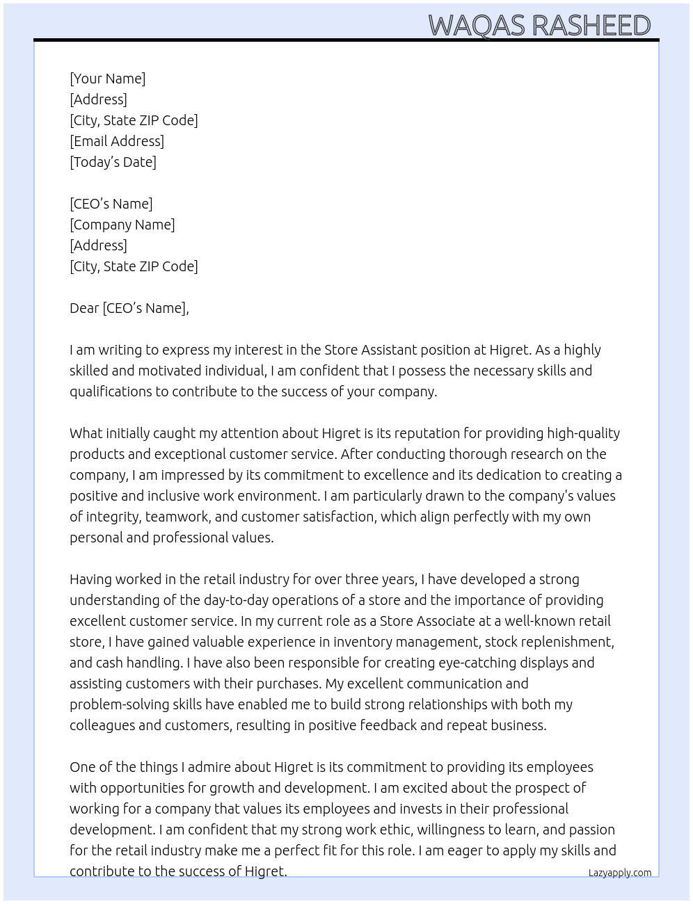 Store assistant At Higret Cover Letter