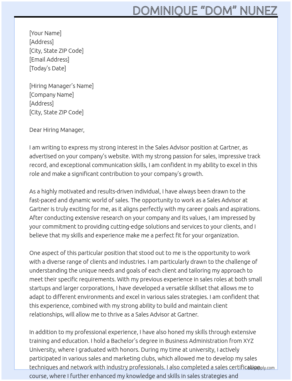 Sales Advisor At Gartner Cover Letter