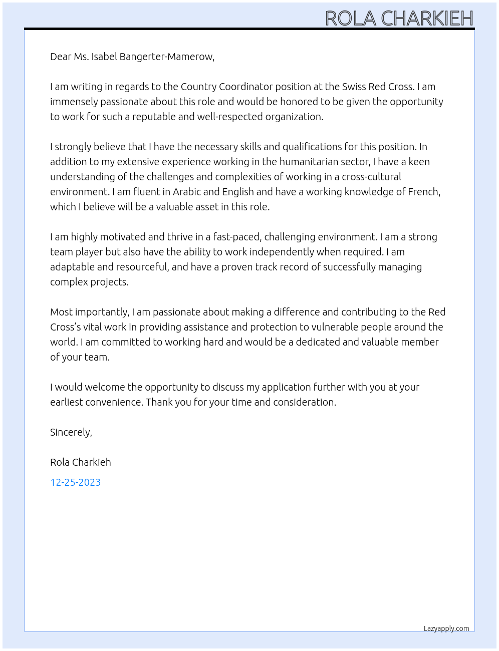 Country coordinator At Swiss red cross Cover Letter