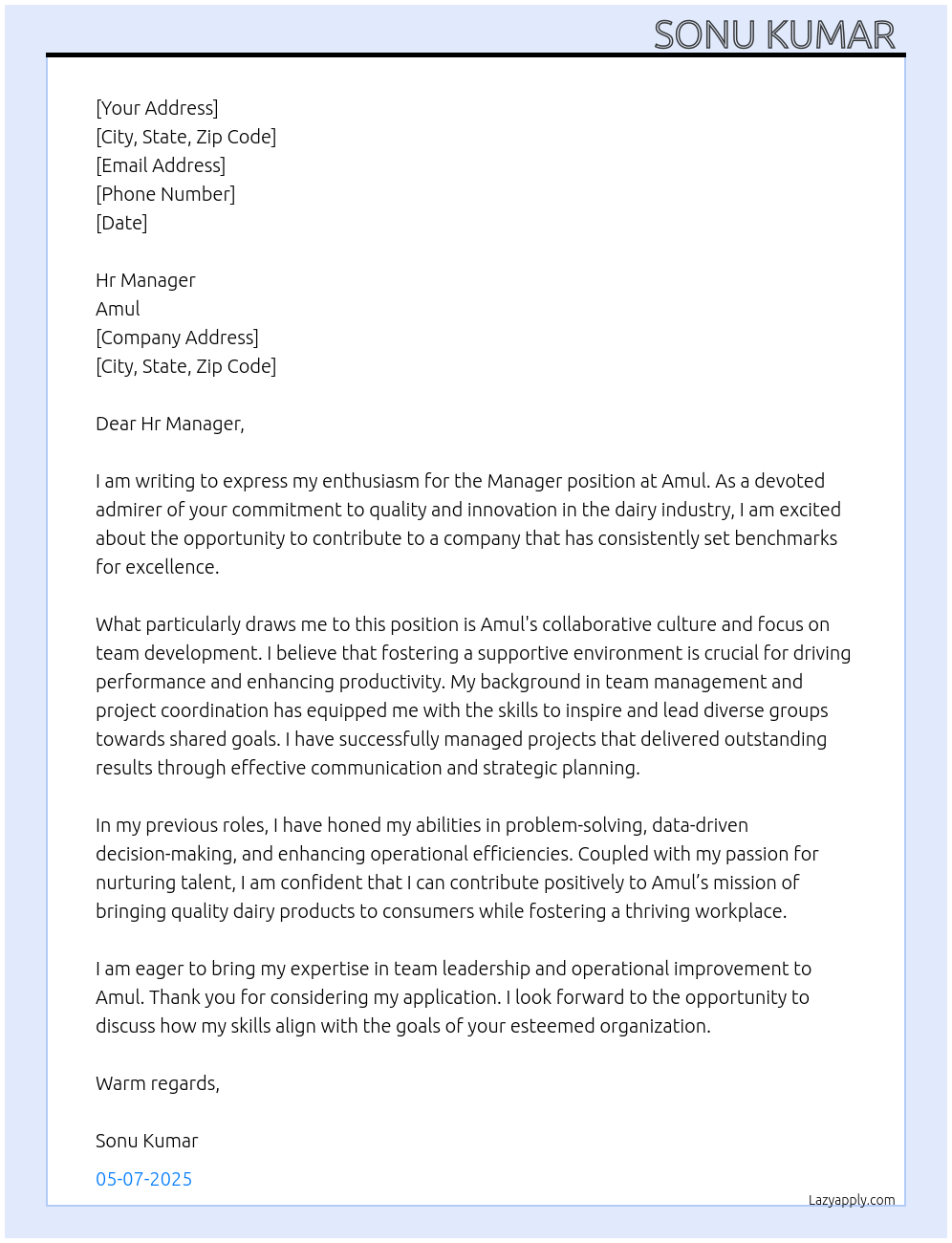 Manager  At Amul Cover Letter