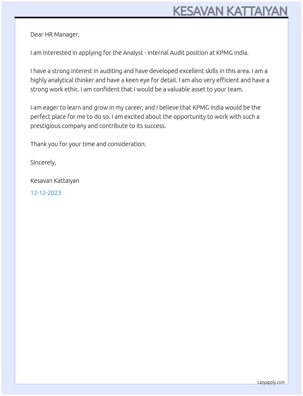 Analyst - Internal Audit At KPMG India Cover Letter