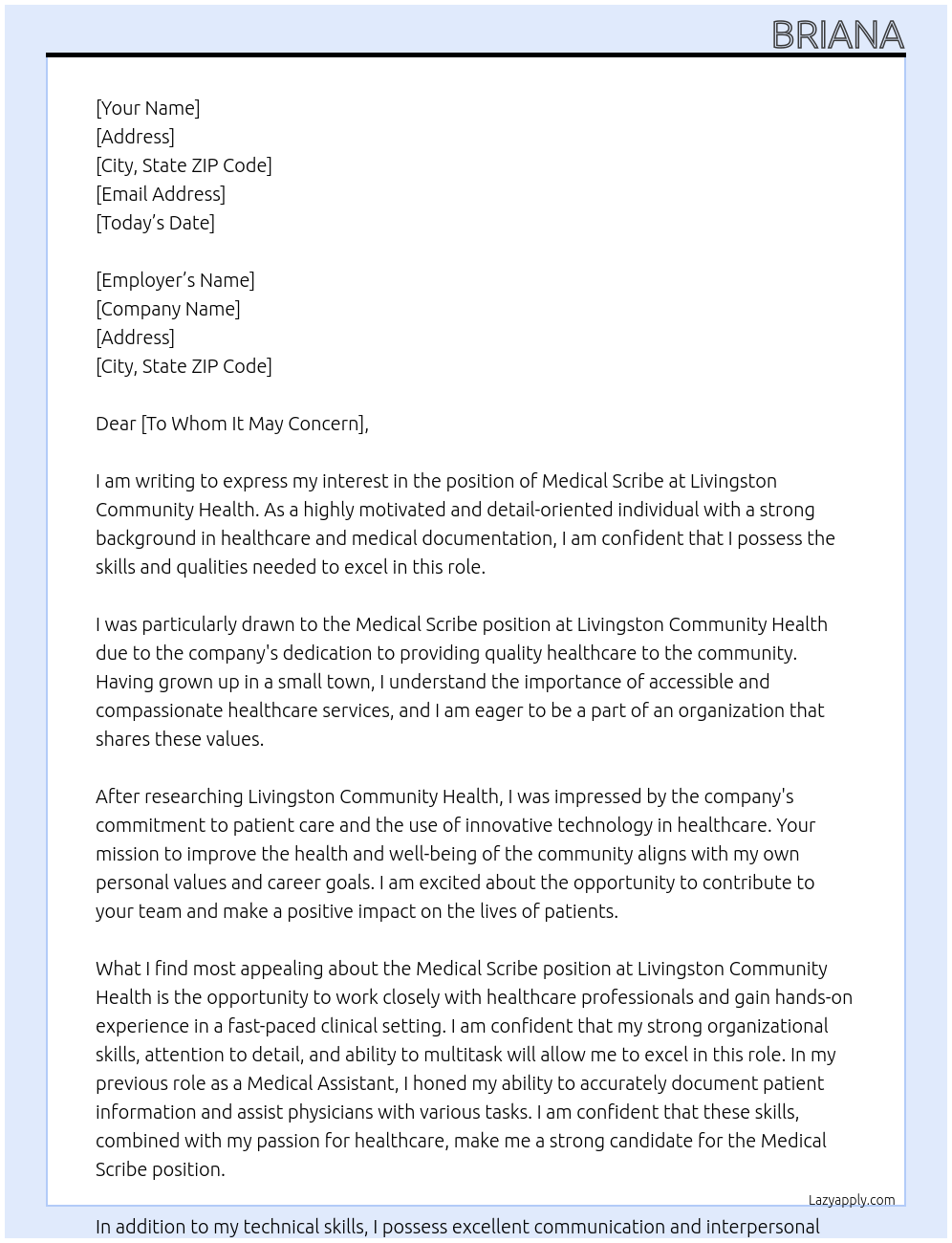 Medical scribe At Livingston Community Health Cover Letter