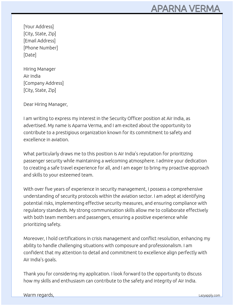 Security Officer  At Air India  Cover Letter