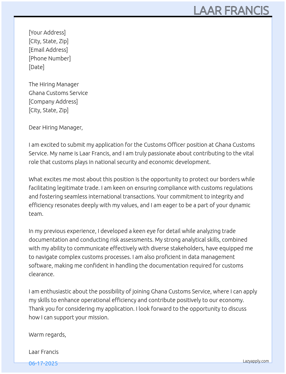 Customs Officer At Ghana Customs Service Cover Letter