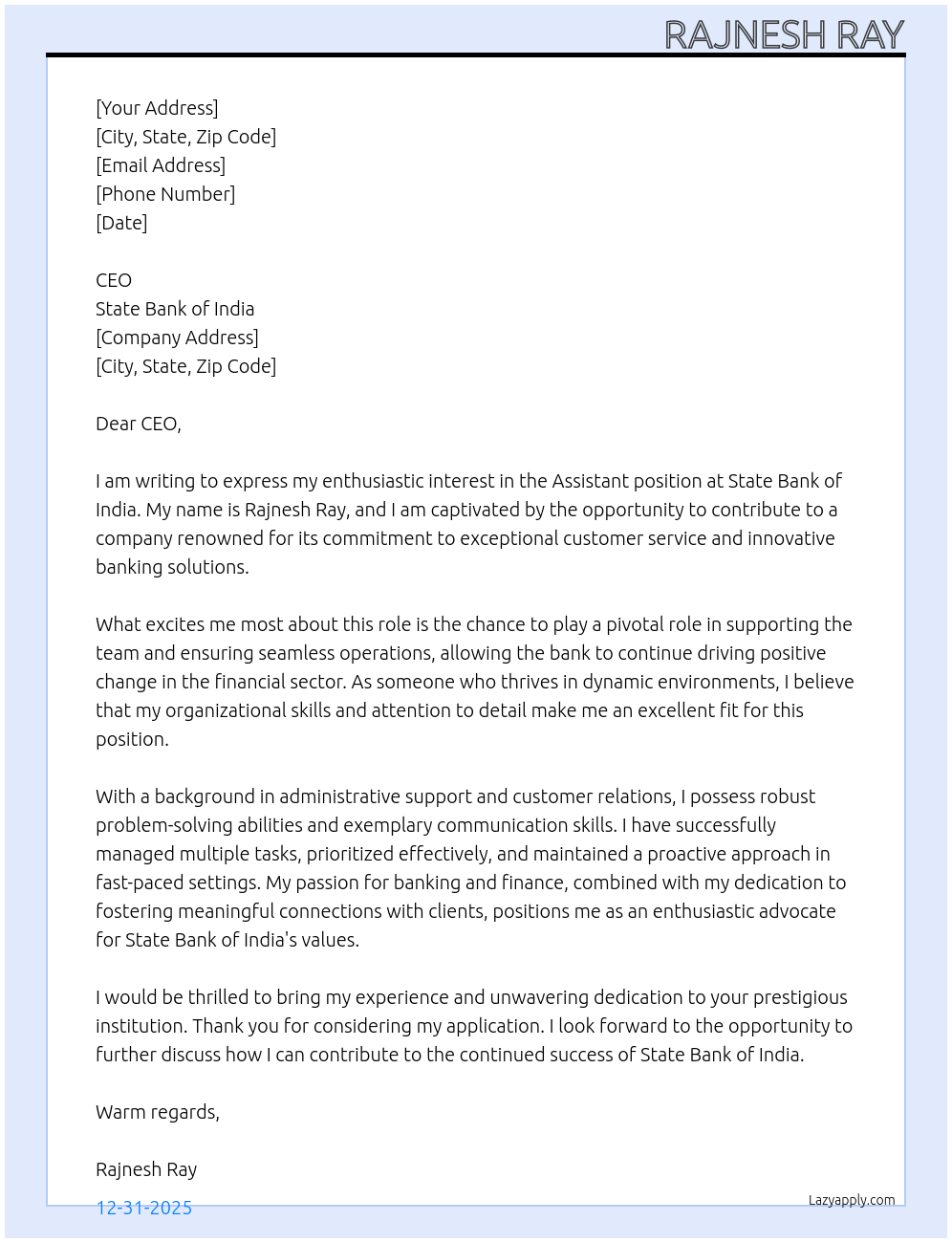 Assistant  At State Bank of India  Cover Letter