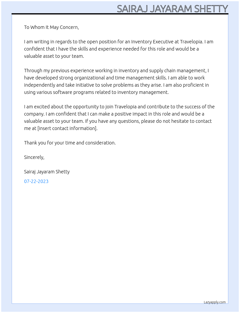 Inventory executive At Travelopia Cover Letter