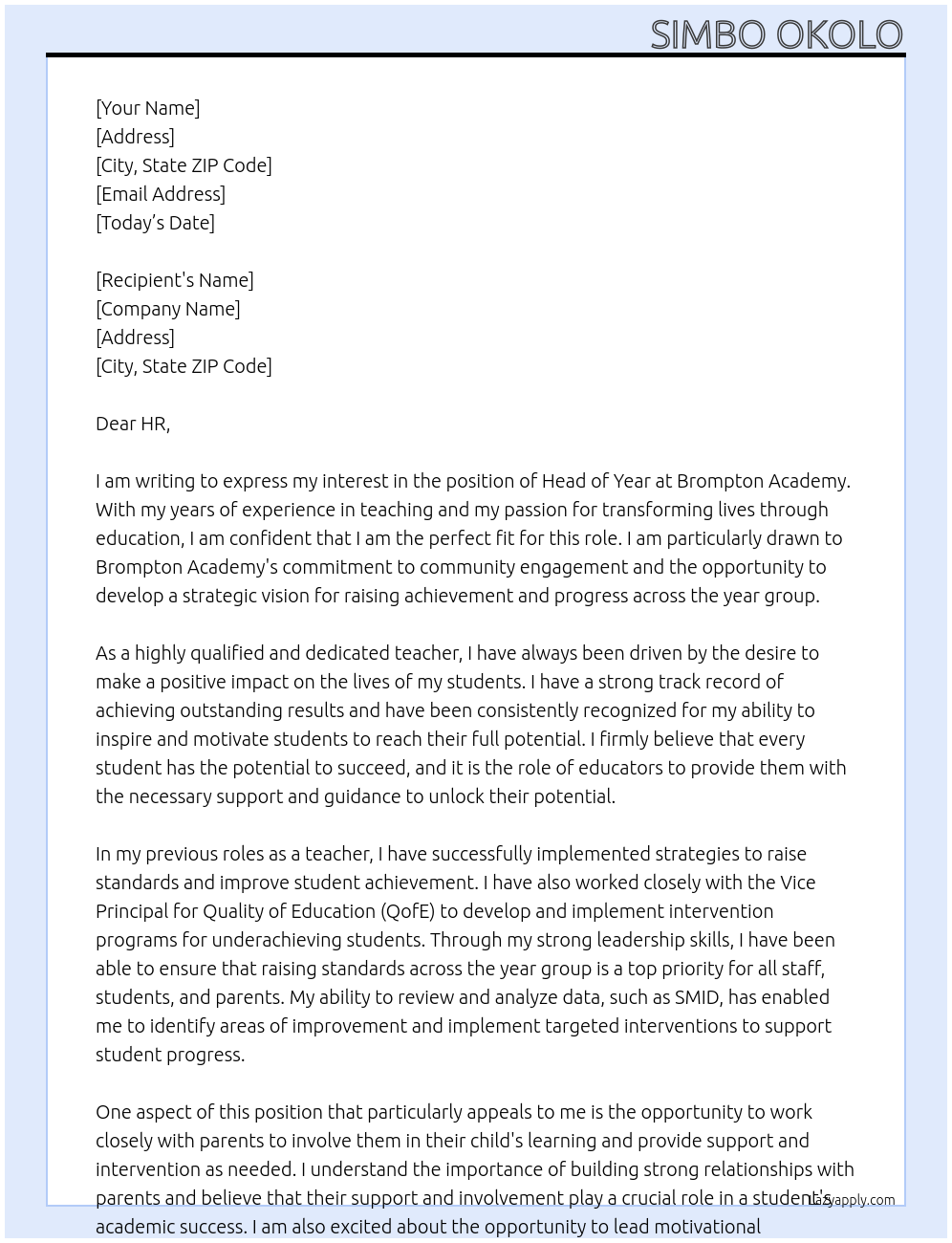 head of year  At Brompton academy Cover Letter