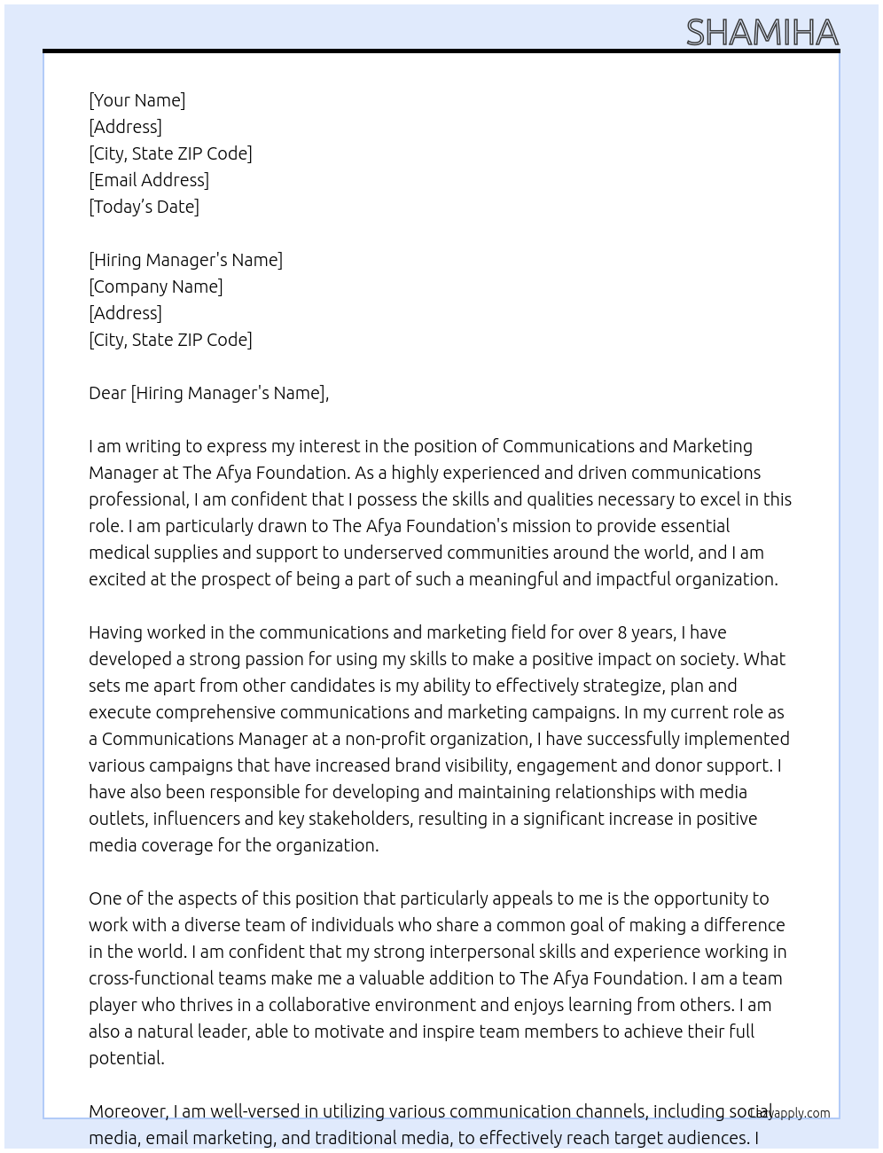 Communications and Marketing Manager At The Afya Foundation Cover Letter