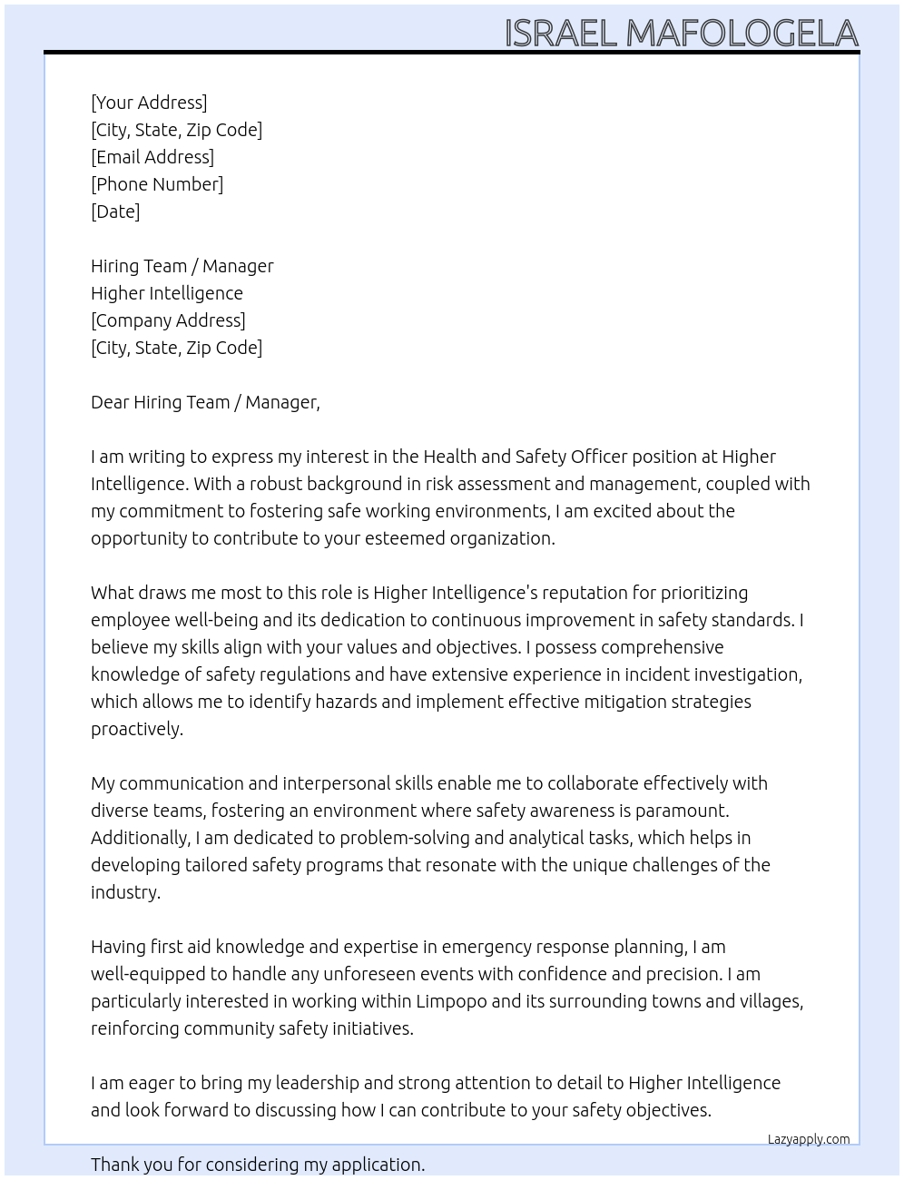 Health and Safety Officer,  At Higher Inteligence Cover Letter