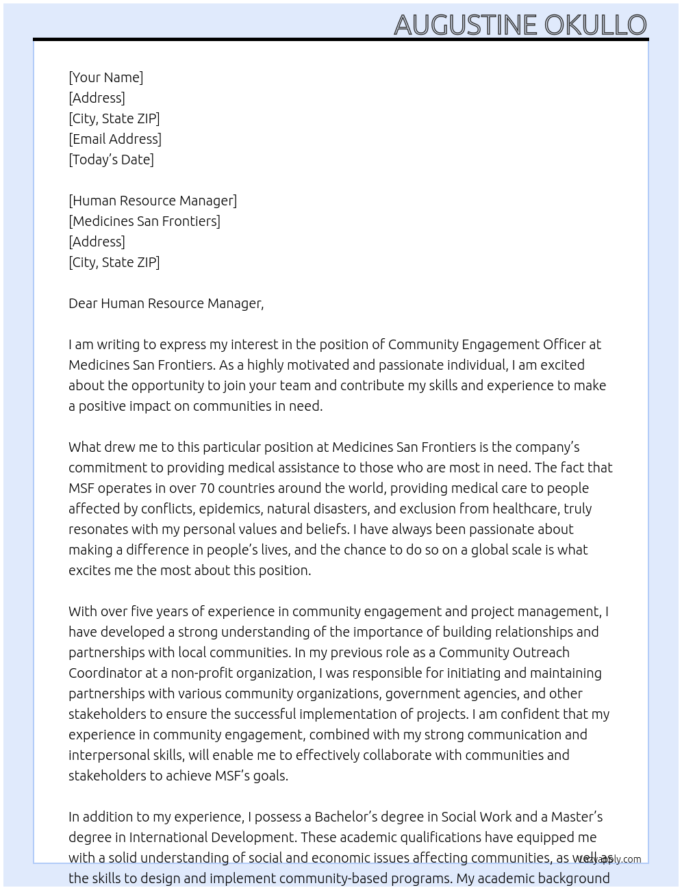 Community Engagement Officer At Medicines san frontiers Cover Letter