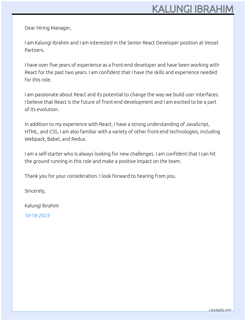 Senior React Developer At Vessel Partners Cover Letter