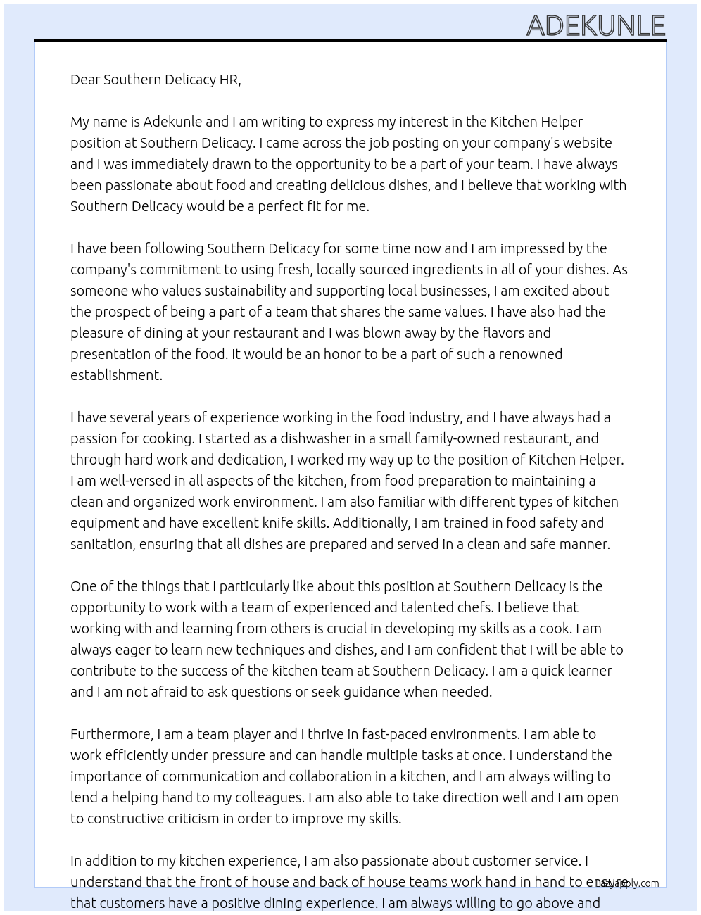 Kitchen Helper At southern delicacy Cover Letter