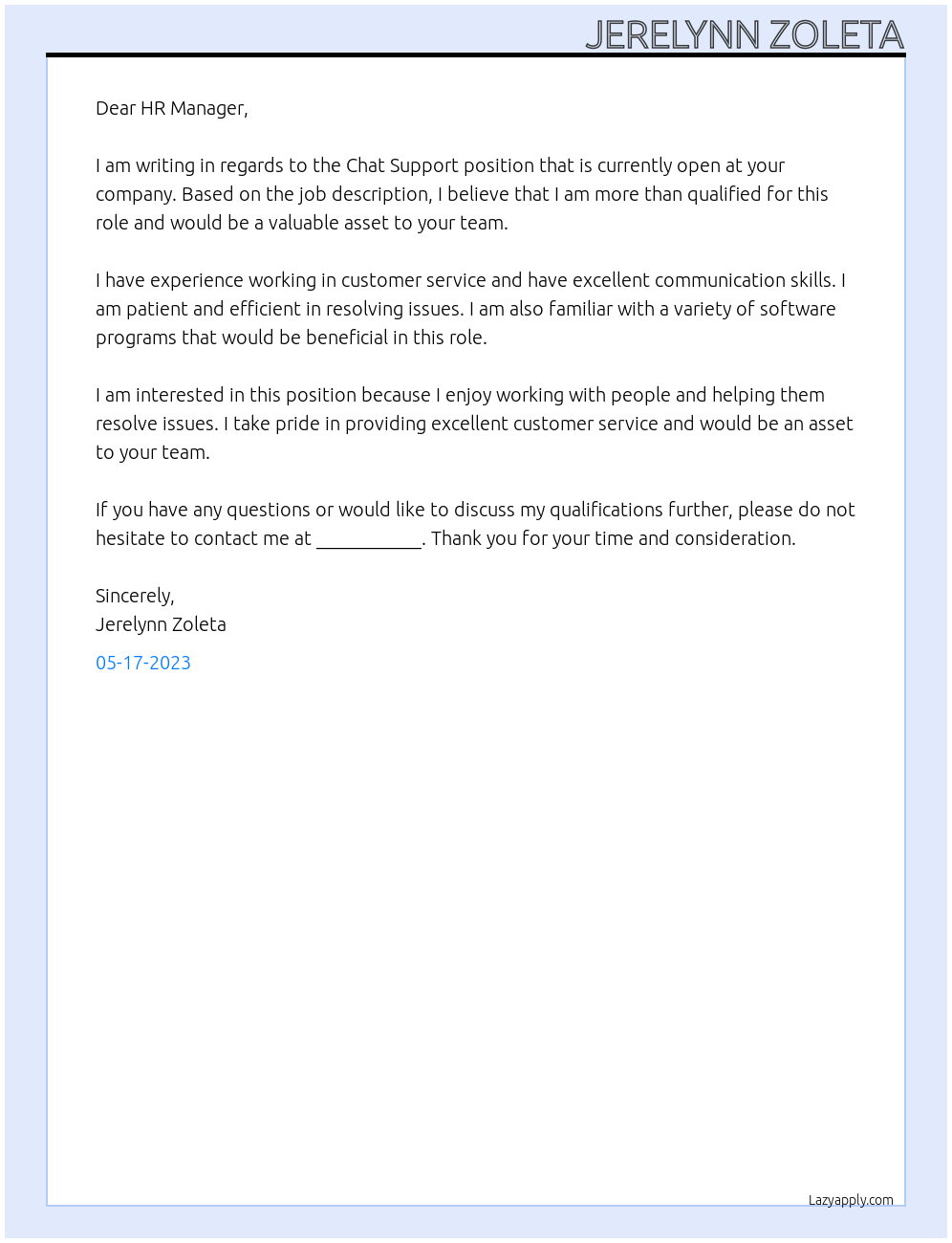 Chat Support At Your company Cover Letter