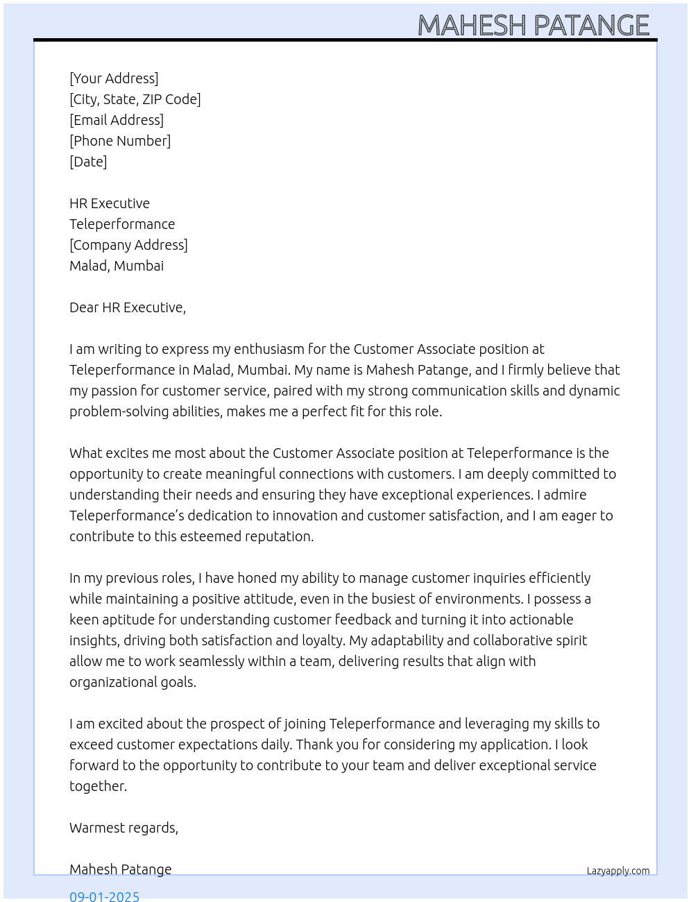 Customer Associate At Teleperformance Cover Letter