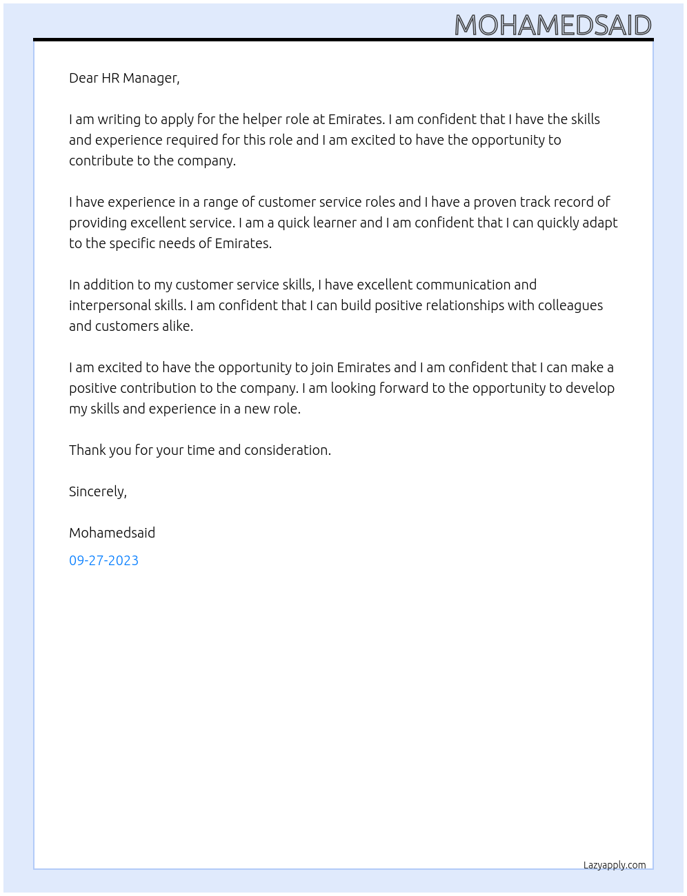 Helper At Emirates Cover Letter