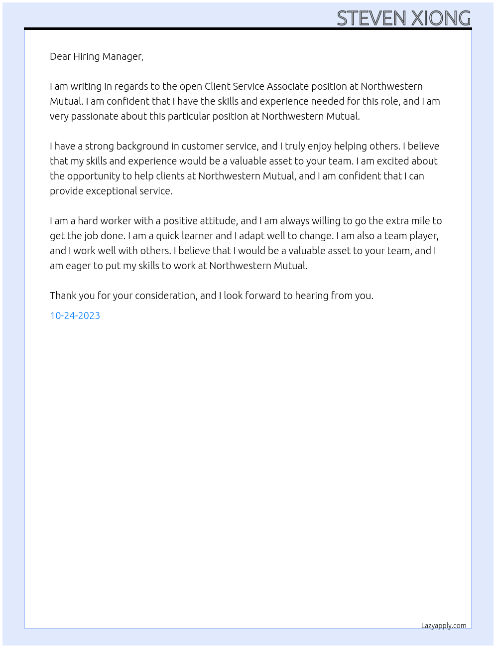 Client Service Associate  At Northwester Mutual Cover Letter