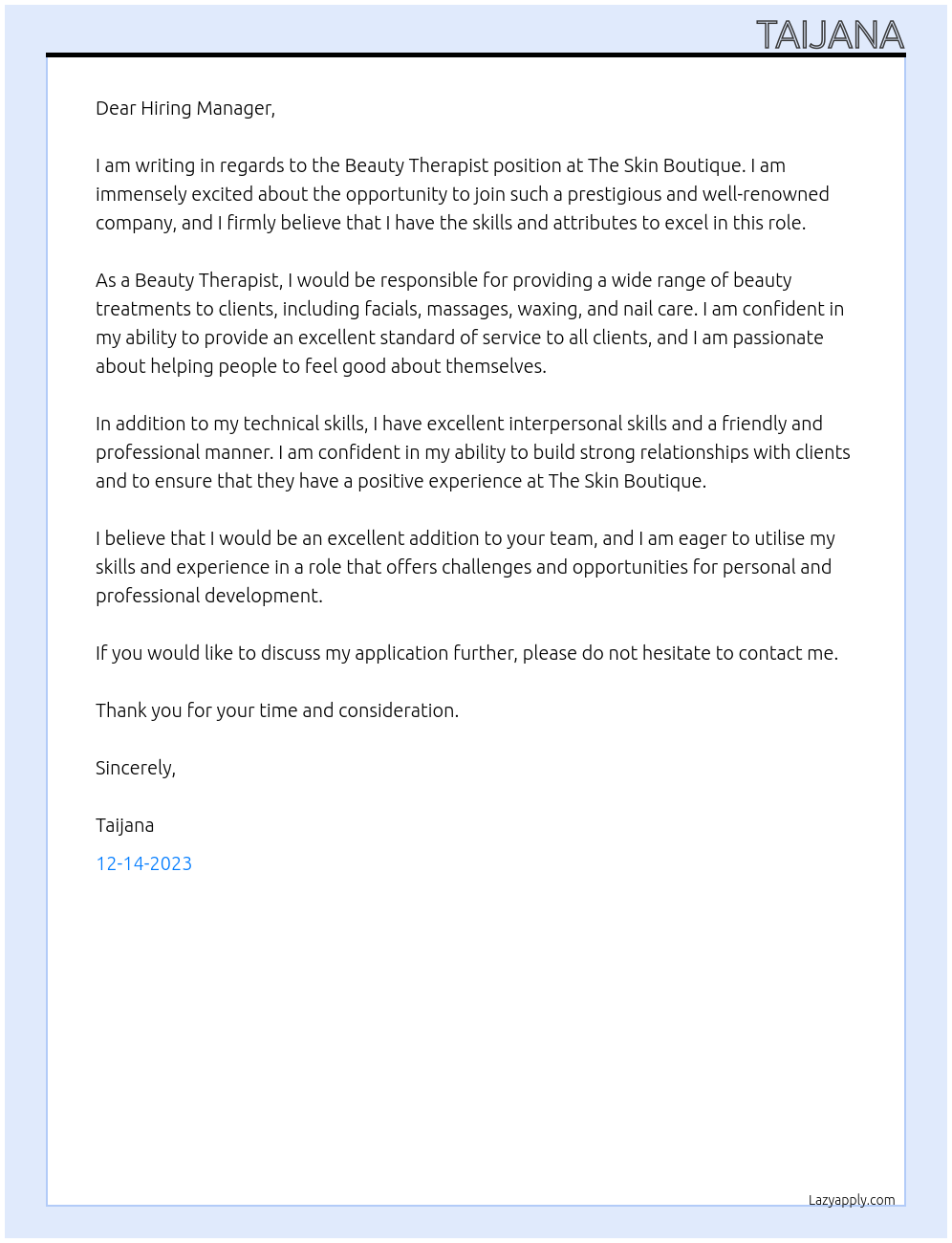 Beauty Therapist At The Skin Boutique Cover Letter