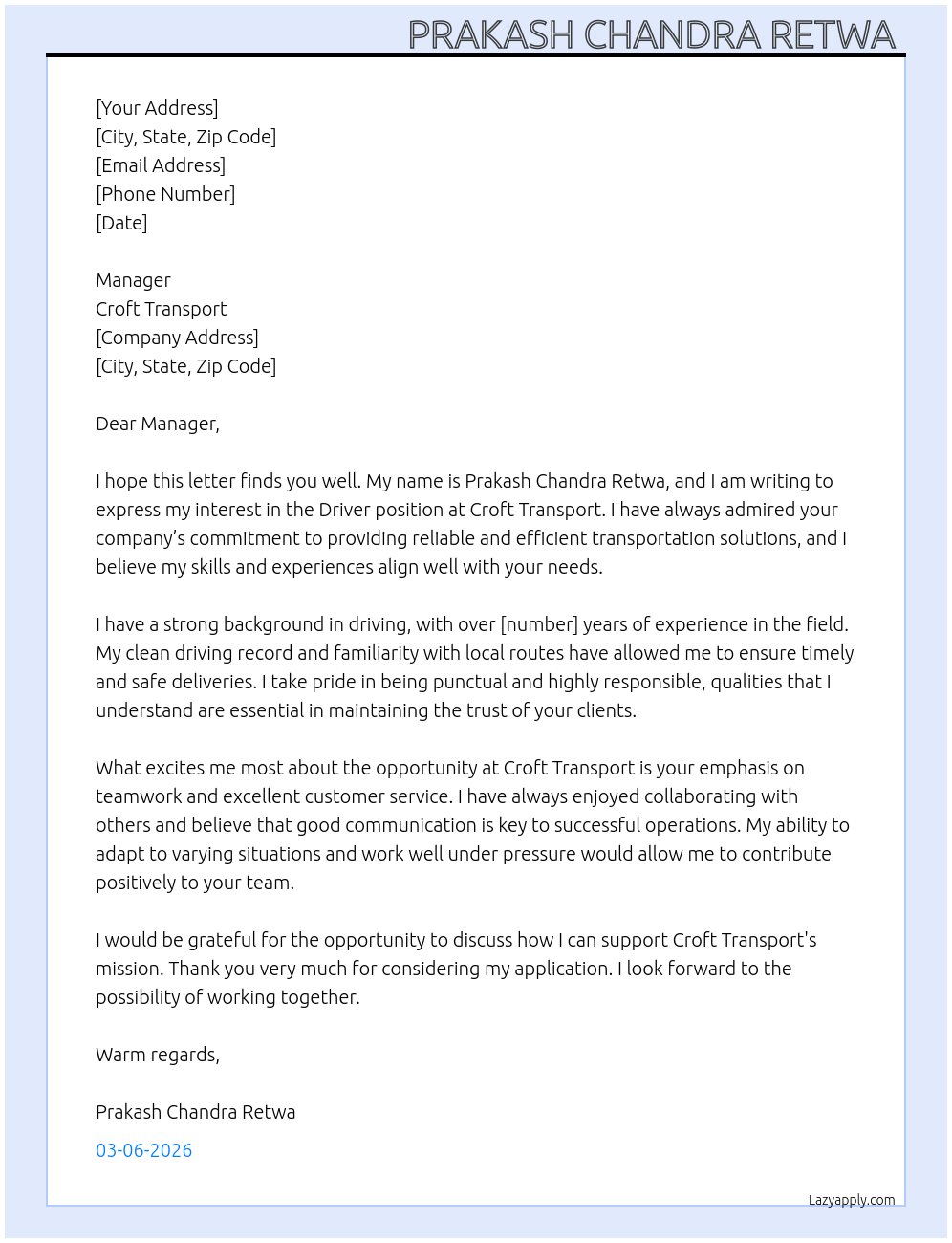 Driver  At Croft transport  Cover Letter