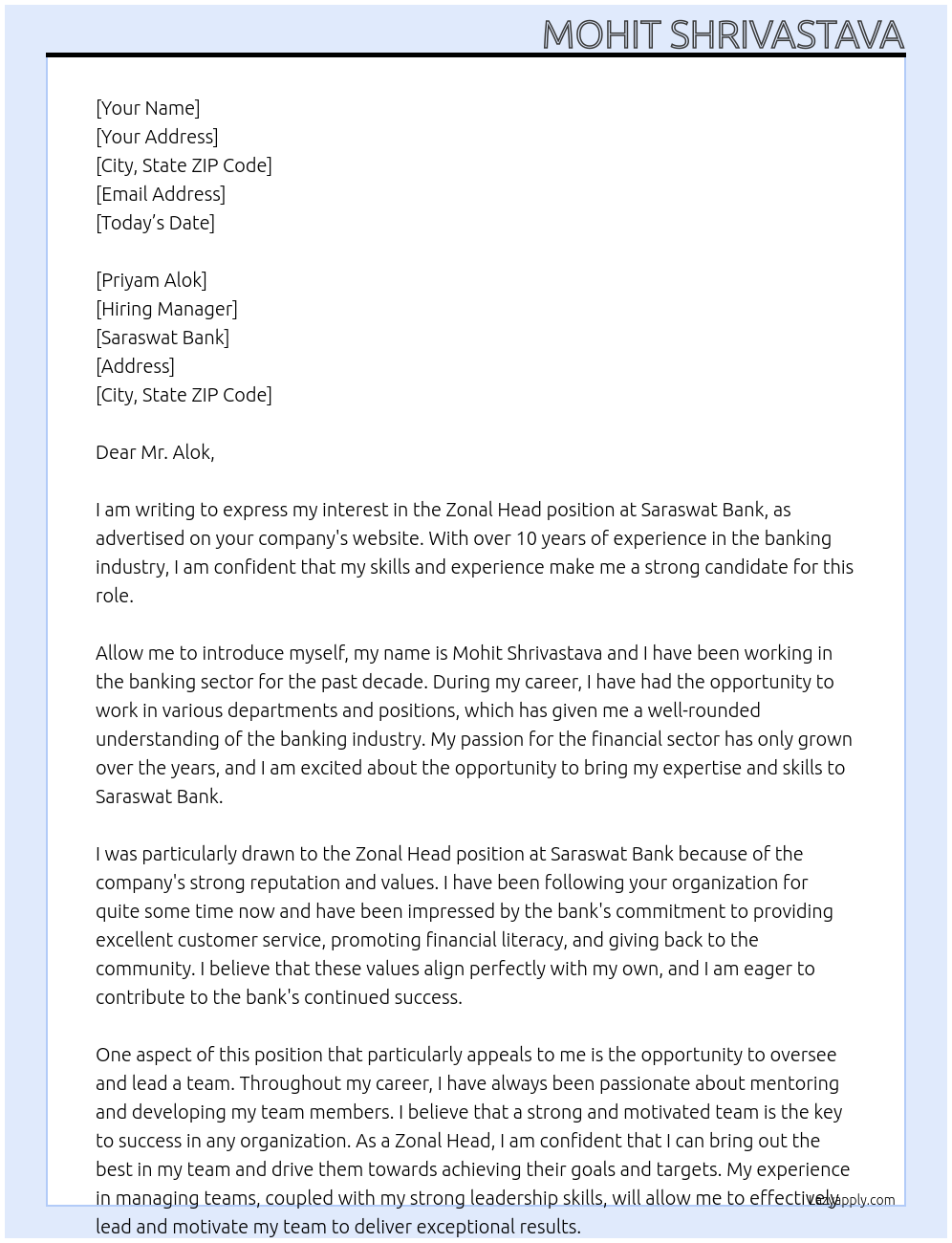 Zonal Head At Saraswat Bank Cover Letter