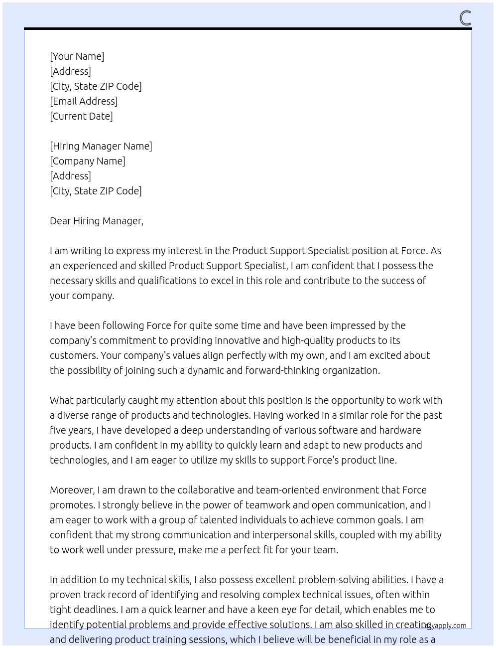 Product Support Specialist At Force Cover Letter