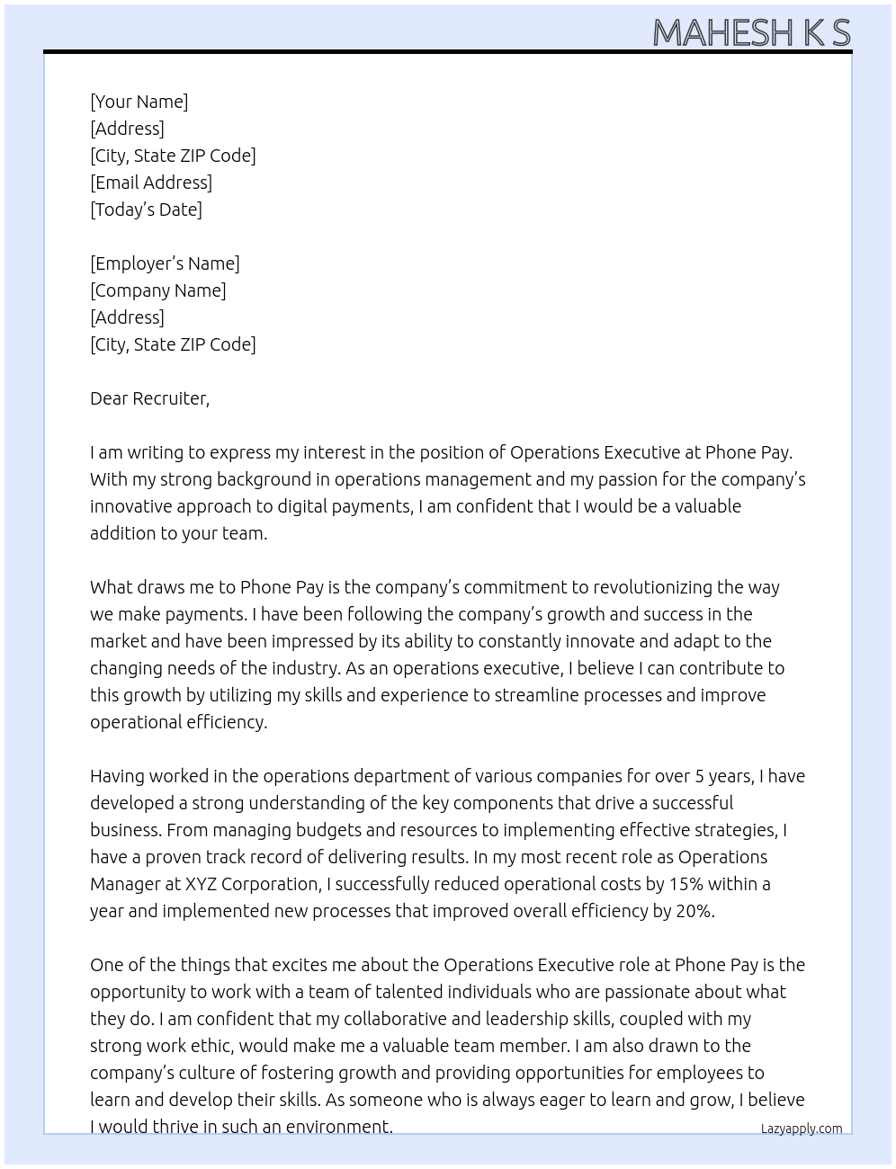 Operation executive  At Phone pay Cover Letter