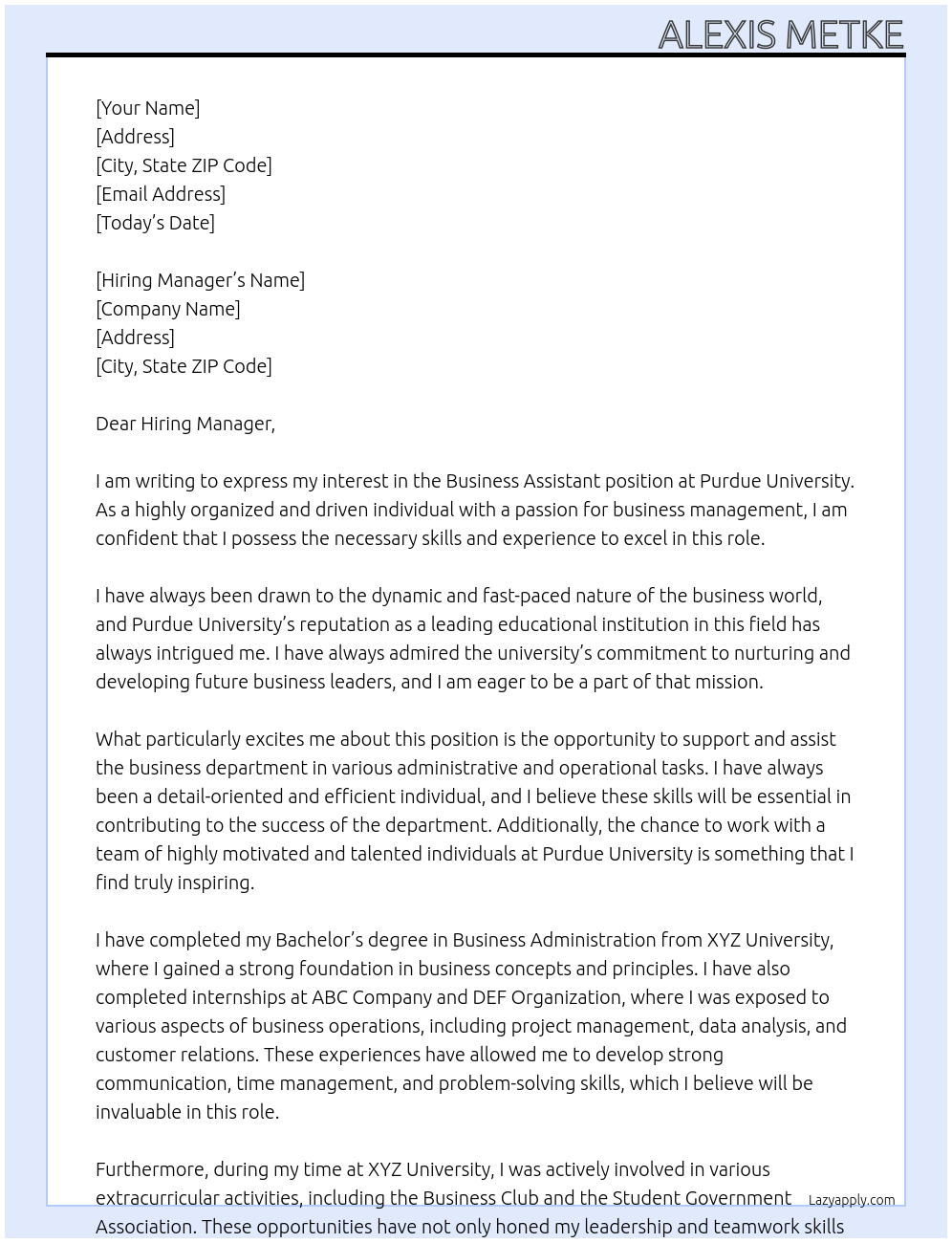 Business Assistant At Purdue University Cover Letter