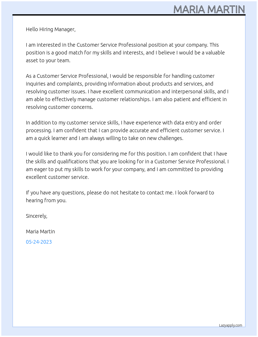 Customer Service Professional At your company Cover Letter