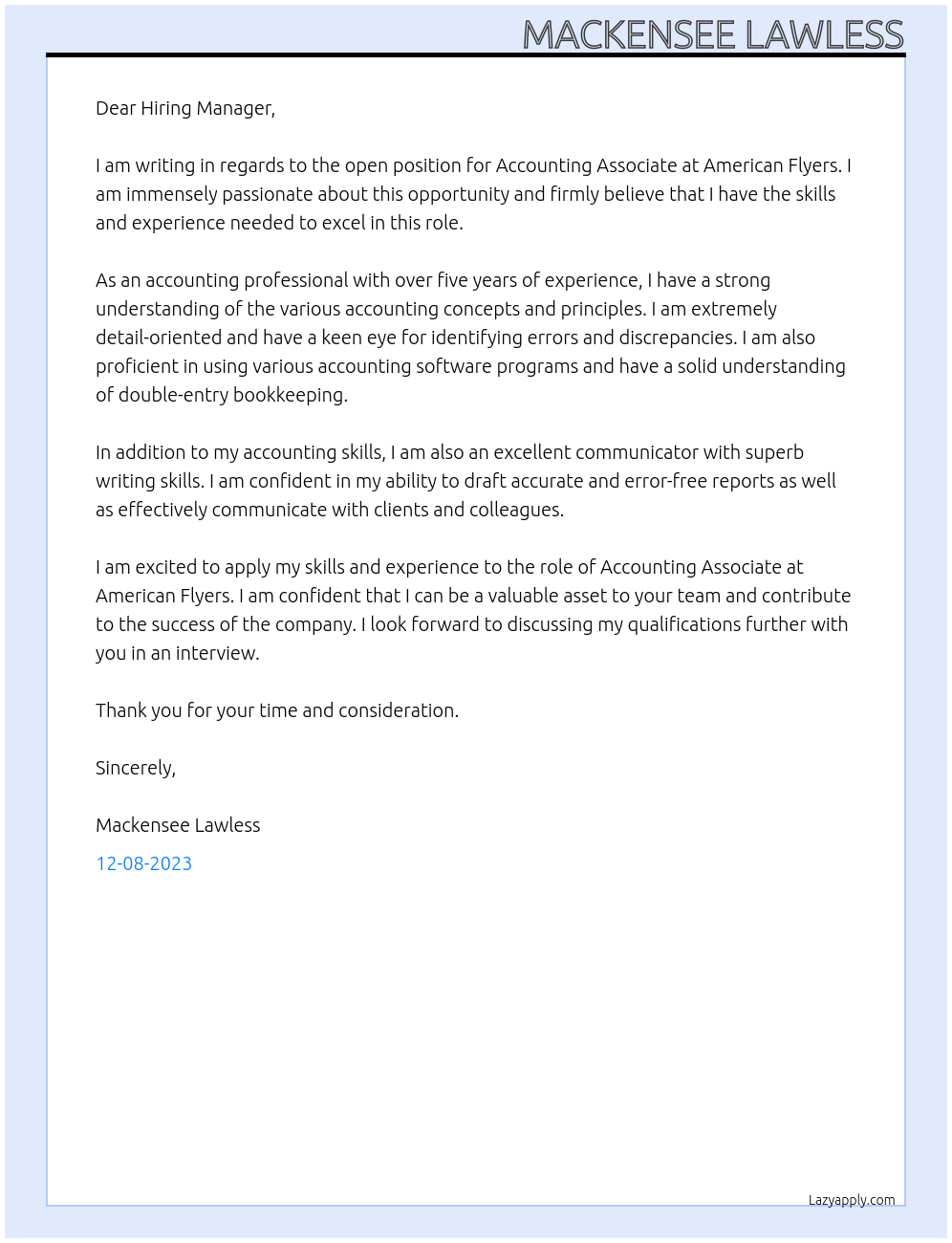 Accounting Associate  At American Flyers Cover Letter