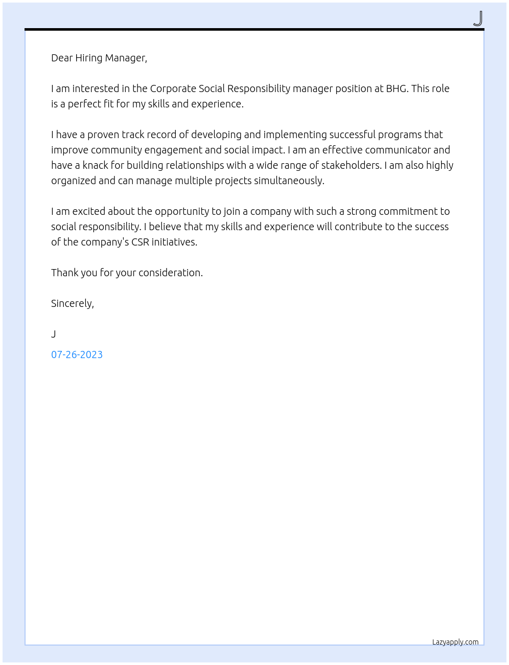 Corporate Social Responsibility manager At BHG Cover Letter