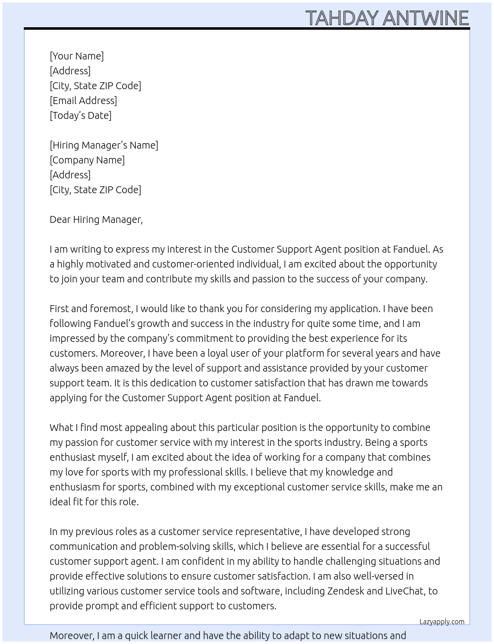 Customer support agent At Fanduel Cover Letter