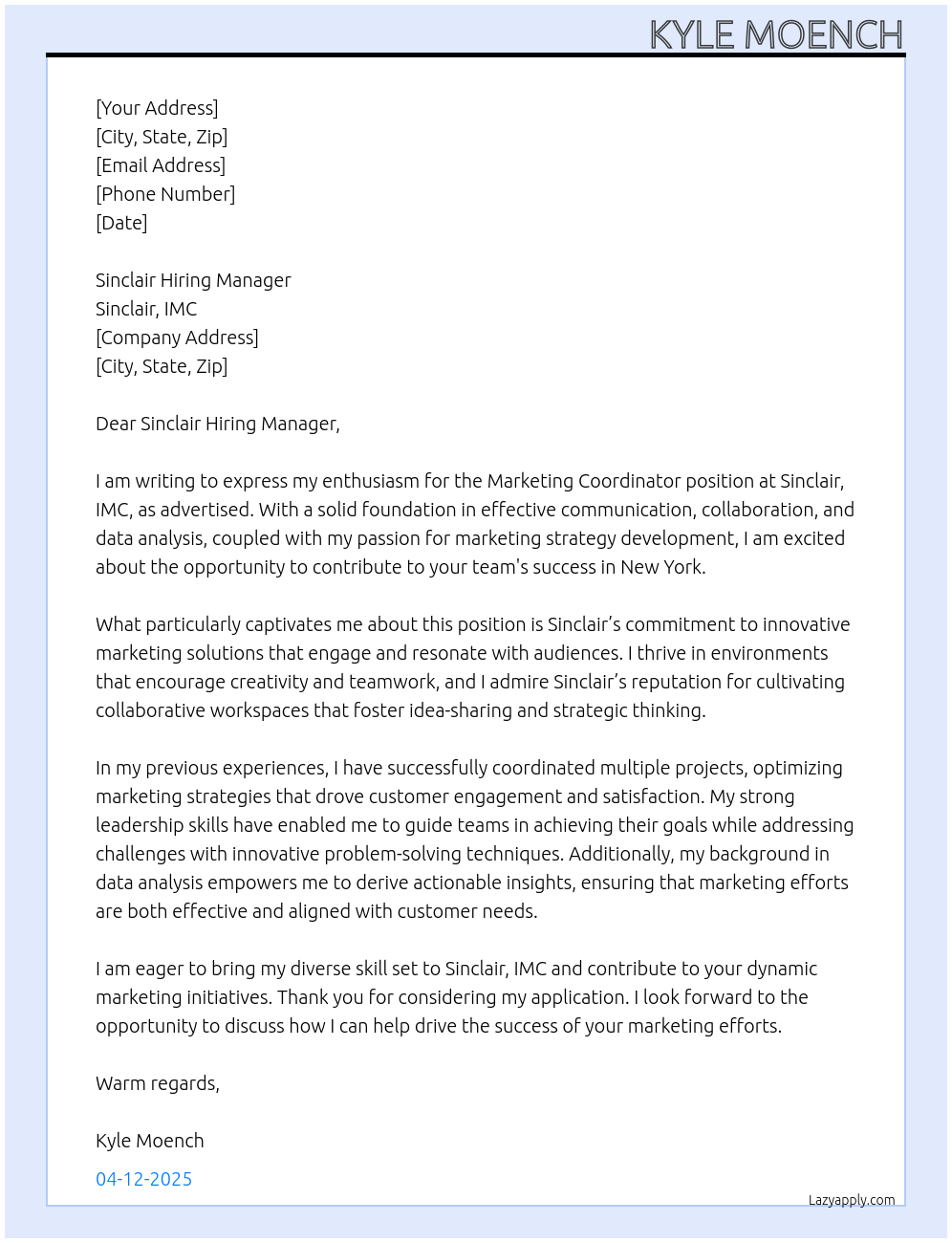 Marketing Coordinator At Sinclair, Imc Cover Letter