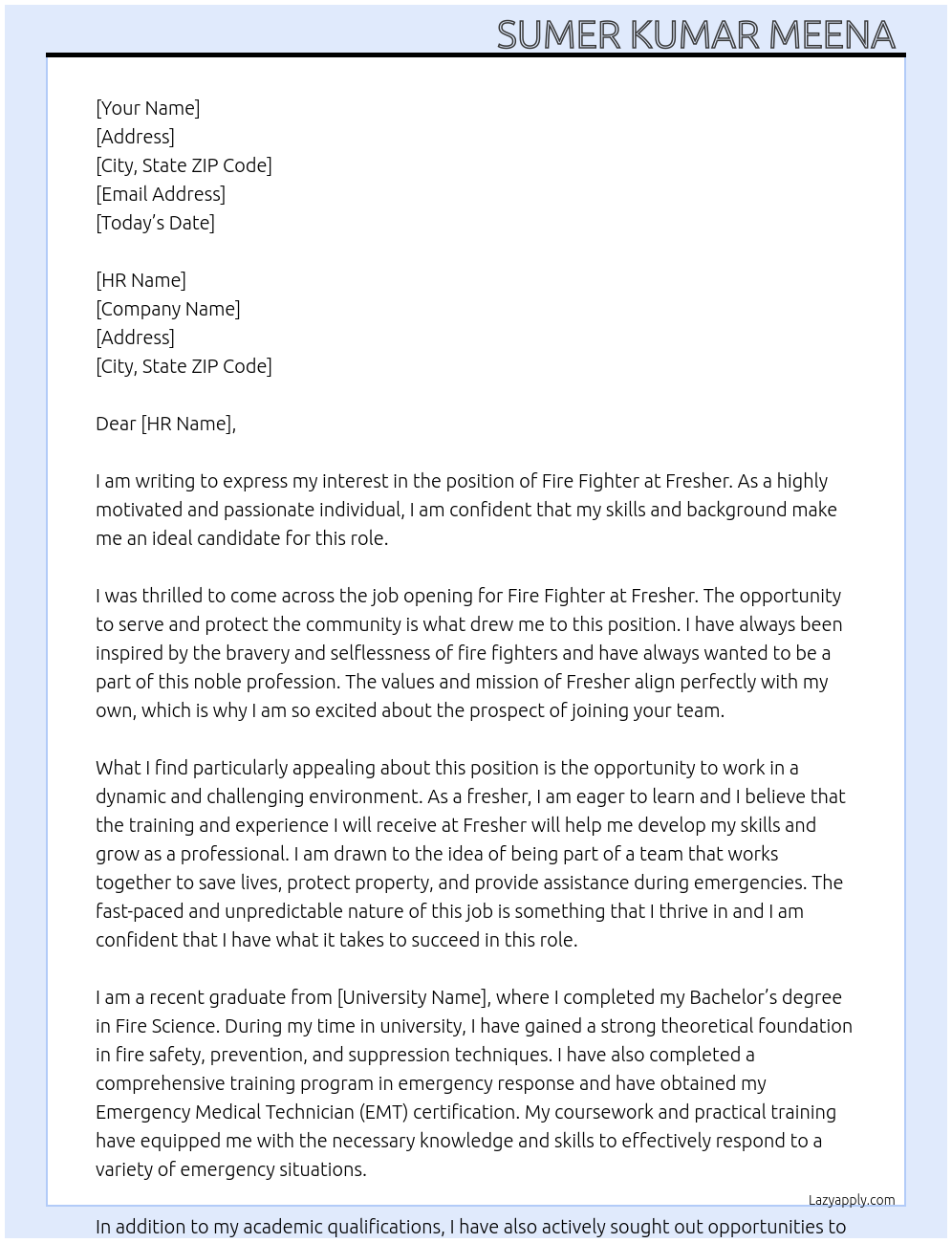 Fire fighter At Fresher  Cover Letter