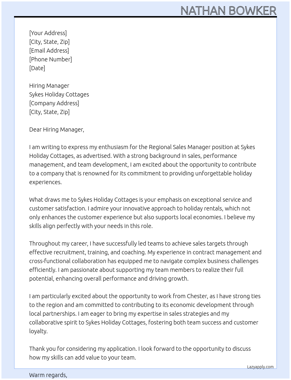 Regional Sales Manager At Sykes holiday cottages Cover Letter