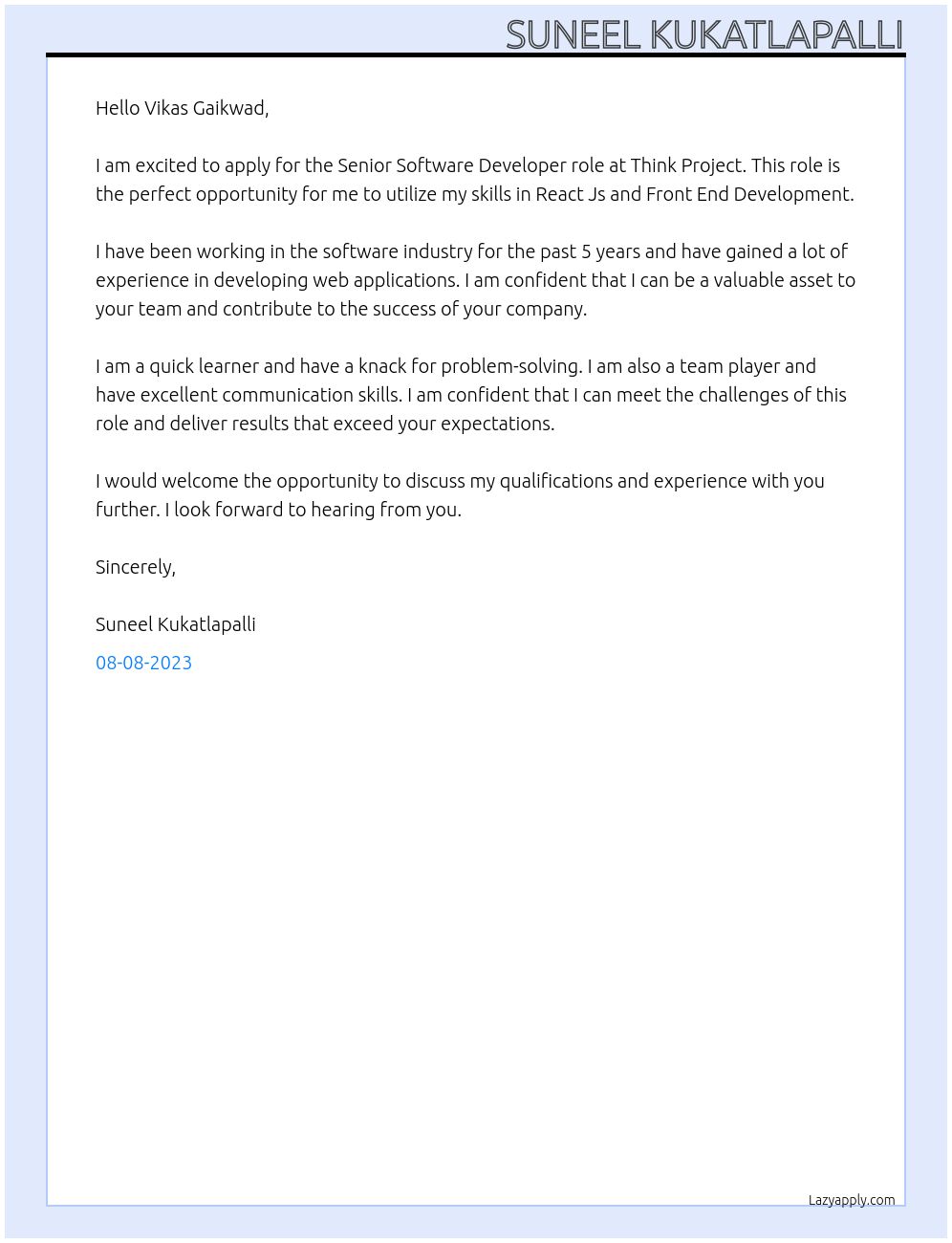 Senior Software Developer At Think Project Cover Letter