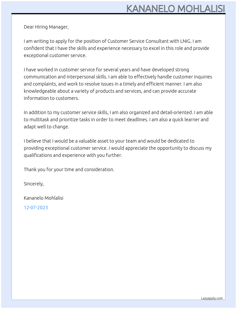 Customer service consultant At LNIG Cover Letter