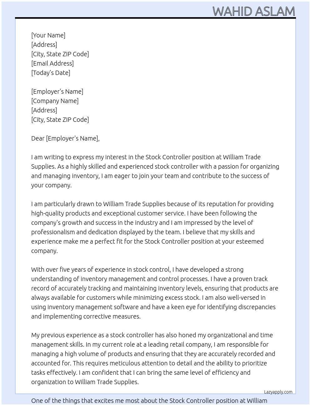 Stock controller At William trade supplies Cover Letter