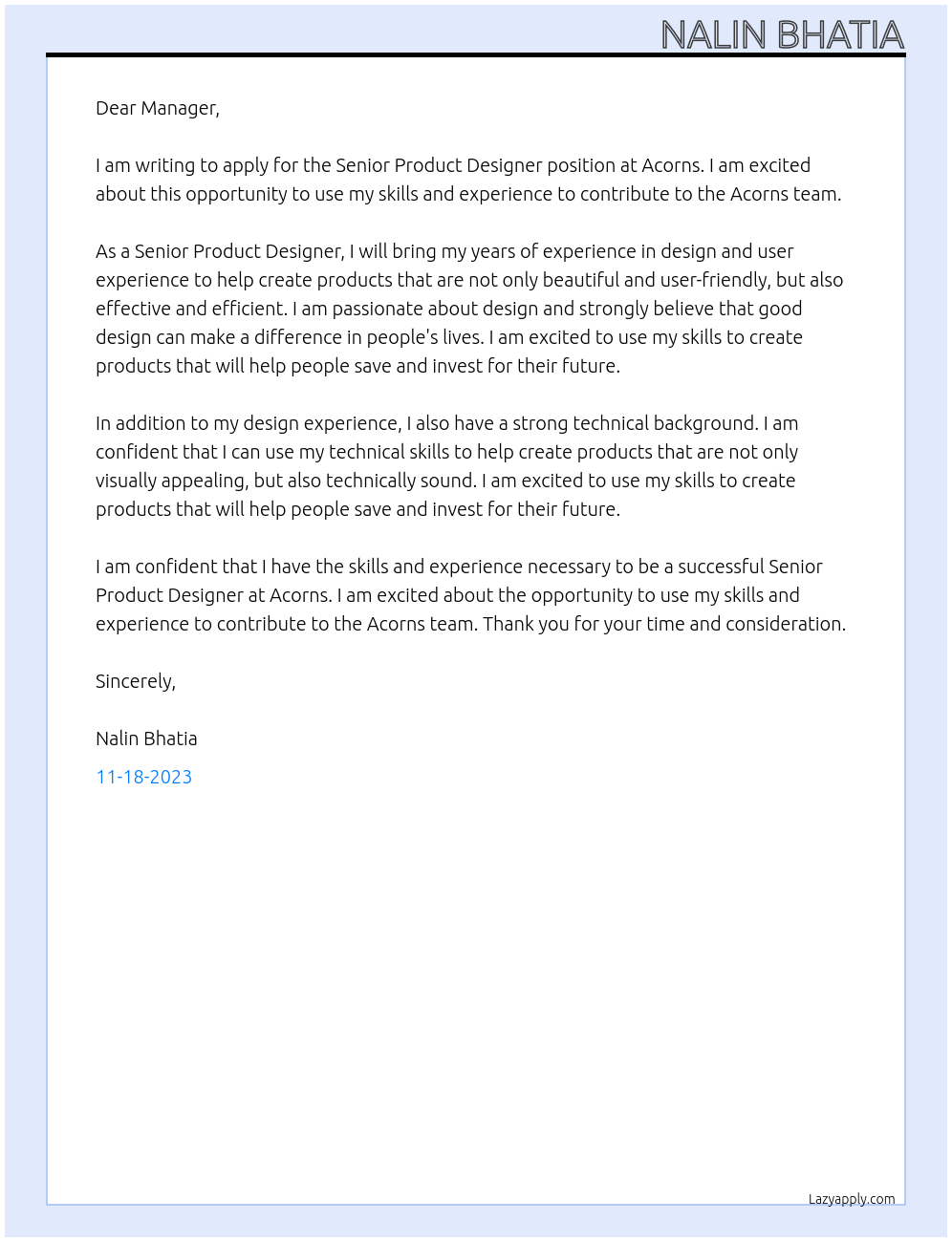 Senior Product Designer At Acrons Cover Letter