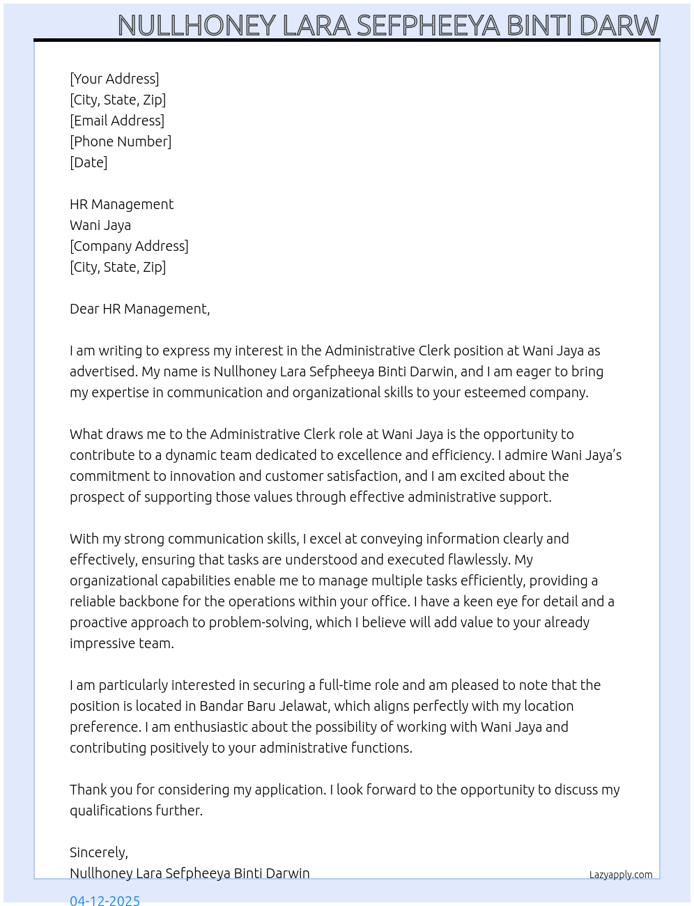 Administrative clerk At Wani Jaya Cover Letter