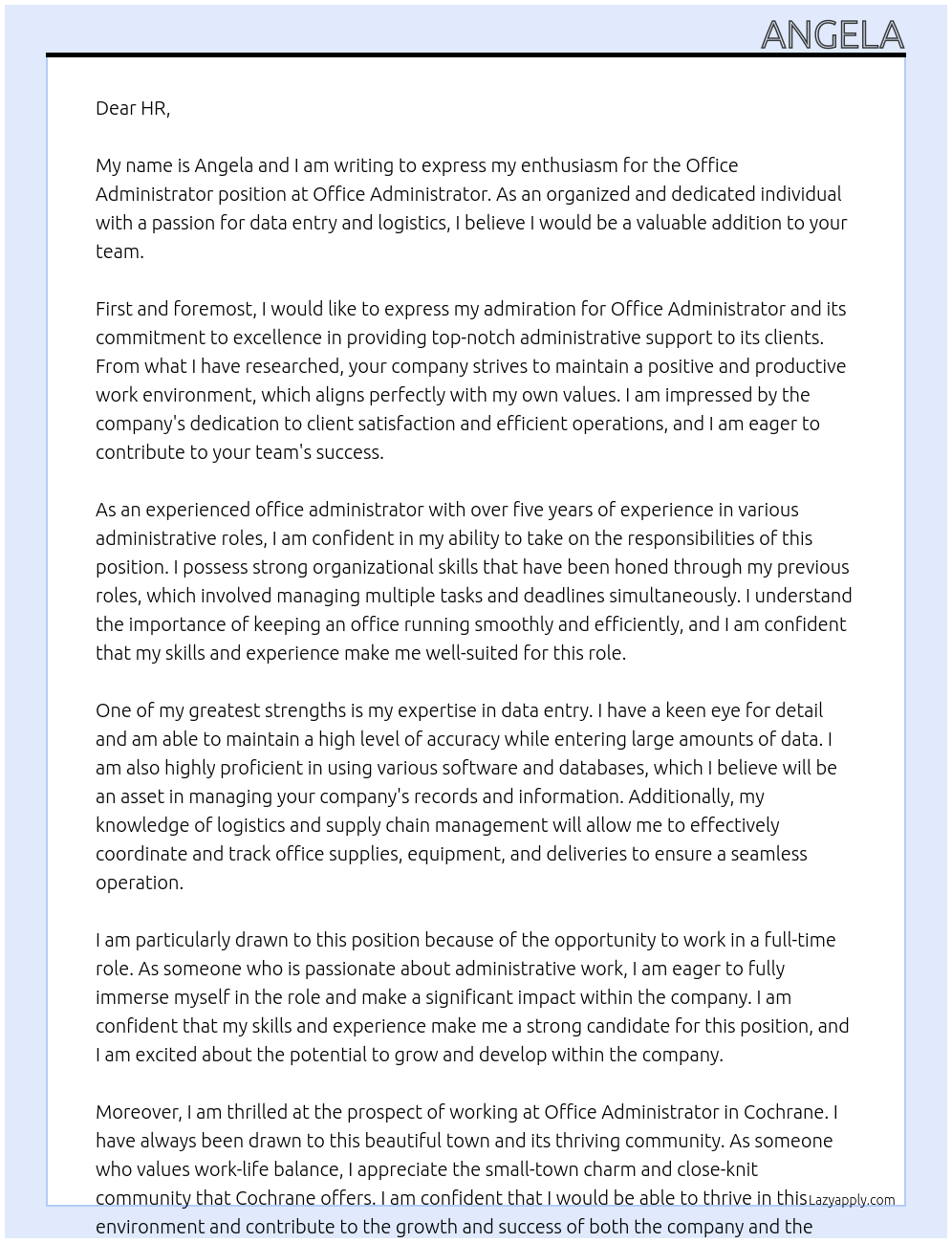 Office admin At Office administrator  Cover Letter