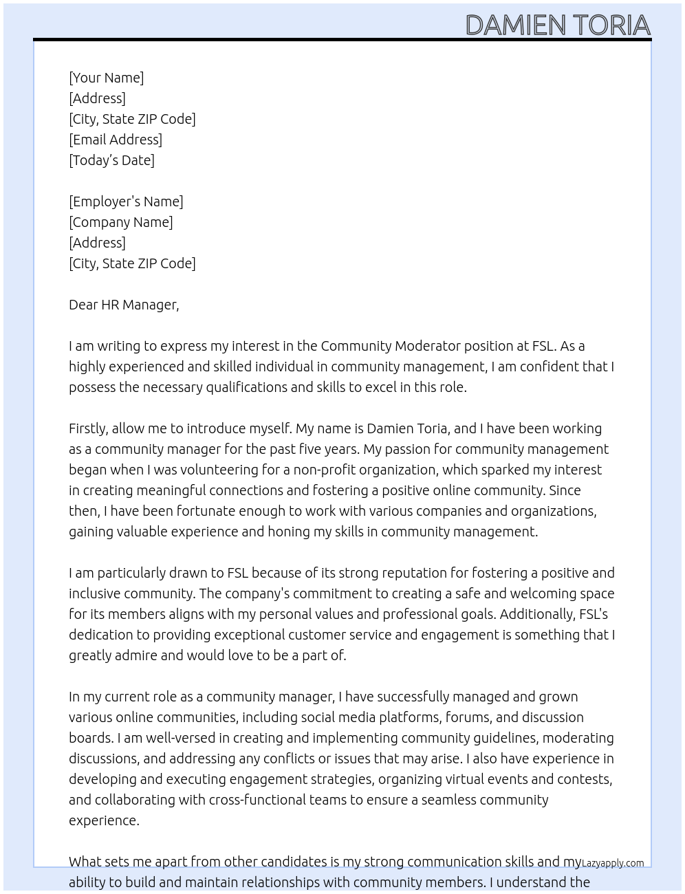 Cover letter for community moderator - LazyApply