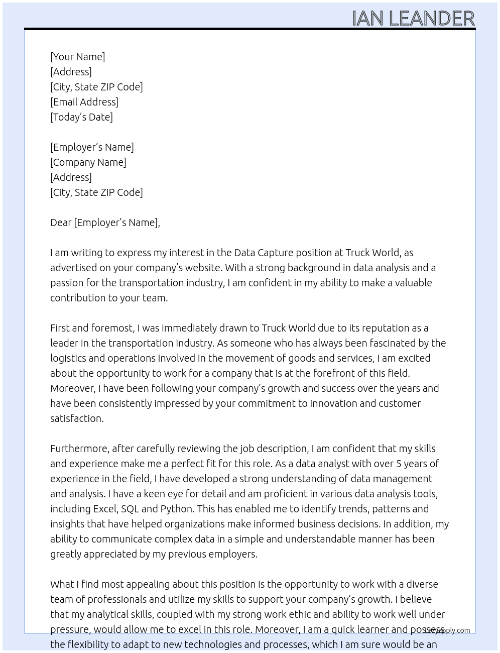 Data Capture At Truck World Cover Letter