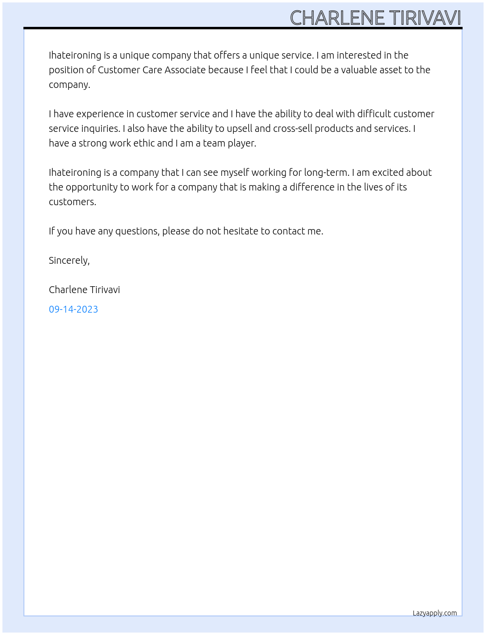 Customer Care Associate At Ihateironing Cover Letter