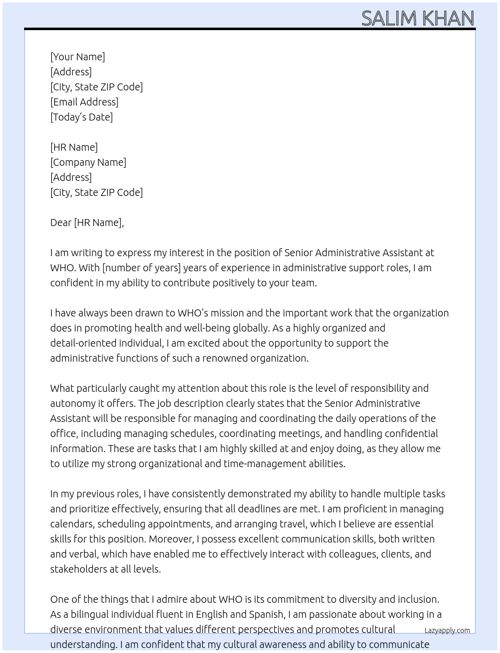 Senior Administrative assistant At WHO Cover Letter