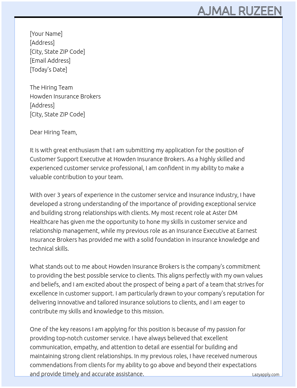 Customer support executive At Howden insurance brokers Cover Letter