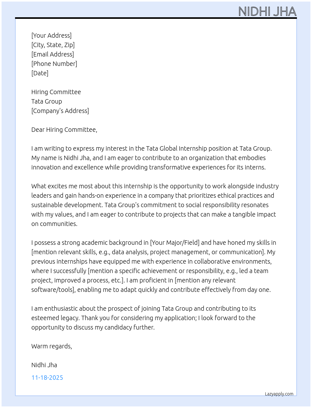 Cover letter for tata global internship - LazyApply