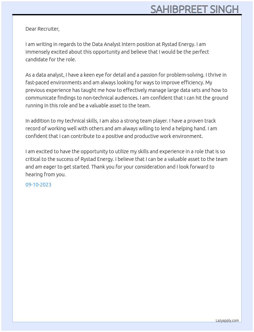 Data Analyst Intern At Rystad Energy Cover Letter